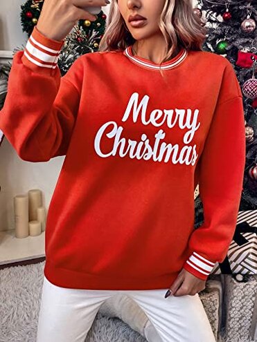 Christmas Slogan Graphic Striped Trim Pullover (Color : Red, Size : Large)
