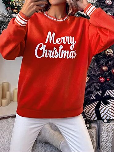 Christmas Slogan Graphic Striped Trim Pullover (Color : Red, Size : Large)