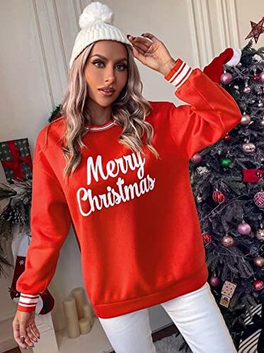 Christmas Slogan Graphic Striped Trim Pullover (Color : Red, Size : Large)