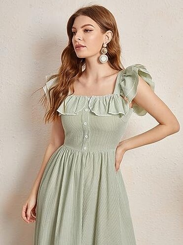 HAZURE ROLVK Women's Casual Dresses Ruffle Armhole Striped Dress Charming Mystery Special Beautiful (Color : Mint Green, Size : Medium)