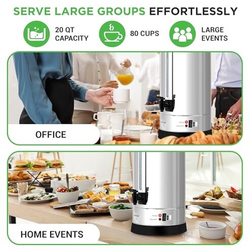 NutriChef Water Boiler and Hot Water Dispenser, 19L Electric Beverage Dispenser with Safety Lock Lid, Non-Drip Tap, Warm Function, Food Grade Stainless Steel, Home & Commercial Use, 19"x9"x9", Silver