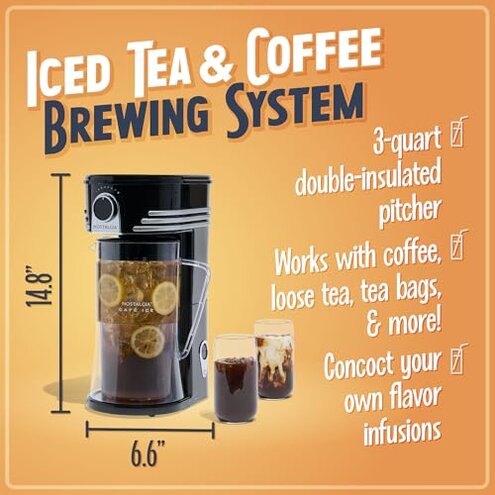 Nostalgia 3-Quart Iced Tea & Coffee Brewing System With Double-Insulated Pitcher, Strength Selector & Infuser Chamber, Also Perfect For Lattes, Lemonade, Flavored Water, Black