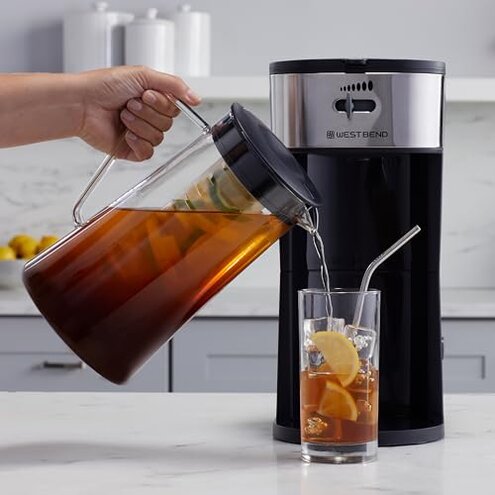 West Bend Iced Coffee Maker or Iced Tea Maker Includes an Infusion Tube to Customize the Flavor with Permanent Filter, Features Auto Shut-Off, 2.75-Quart, Black