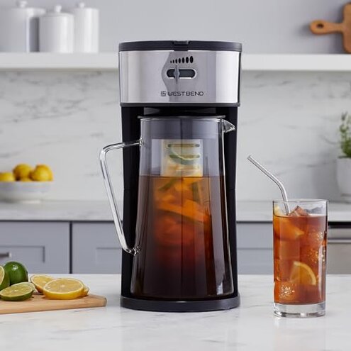 West Bend Iced Coffee Maker or Iced Tea Maker Includes an Infusion Tube to Customize the Flavor with Permanent Filter, Features Auto Shut-Off, 2.75-Quart, Black