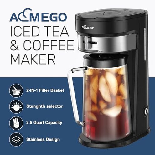 AEMEGO Iced Tea Maker, Brewing System with 2.5-quart Glass Pitcher, sliding strength selector, Stainless Steel Decoration, Reusable Filter (Black)