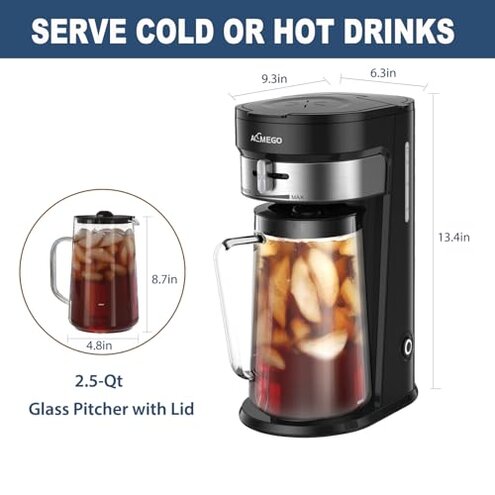 AEMEGO Iced Tea Maker, Brewing System with 2.5-quart Glass Pitcher, sliding strength selector, Stainless Steel Decoration, Reusable Filter (Black)