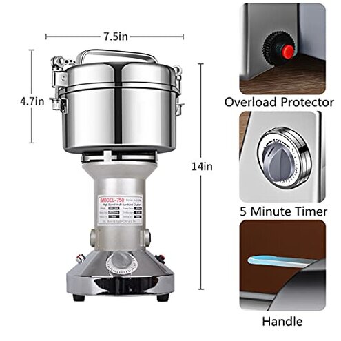 Grain Mill Grinder 750g High Speed Electric Stainless Steel Grinder Cereals Corn Flour Pulverizer Powder Machine for Dry Spice Herbs Grains Coffee Rice Pepper