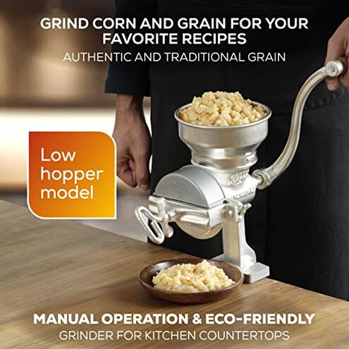 Corona Corn Grinder with Low Hopper, Grain Mill, Manual Grinder For Corn, Rice, Soybeans, Pepper, Chickpeas, Cast Iron Wheat Grinder For Domestic Use