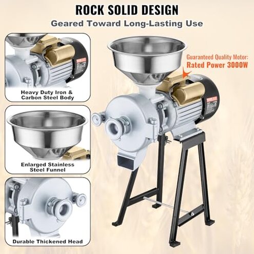 VEVOR Electric Grain Mill Grinder, 3000W Spice Grinders, Commercial Corn Mill with Funnel, Thickness Adjustable Powder Machine, Heavy Duty Feed Flour Cereal Mill Wheat Grinders, Dry & Wet Grinder