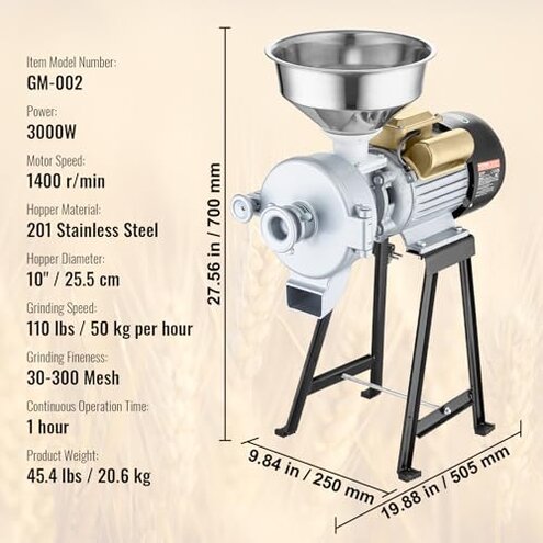 VEVOR Electric Grain Mill Grinder, 3000W Spice Grinders, Commercial Corn Mill with Funnel, Thickness Adjustable Powder Machine, Heavy Duty Feed Flour Cereal Mill Wheat Grinders, Dry & Wet Grinder