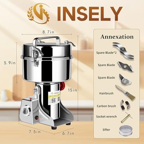 INSELY Grain Mill Grinder 2000g High Speed Food Grain Mill Stainless Steel Seeds Flour Nut Pill Wheat Corn Herbs Spices & Seasonings Dry Grinder Electric Machine Grinder for Kitchen