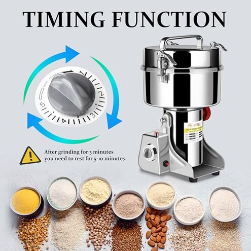 INSELY Grain Mill Grinder 2000g High Speed Food Grain Mill Stainless Steel Seeds Flour Nut Pill Wheat Corn Herbs Spices & Seasonings Dry Grinder Electric Machine Grinder for Kitchen