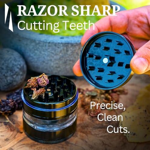 Cinder Brands - Clear Cut 4 Piece Herb Grinder &ndash; 2.75" Manual Dry Herb Grinder, Spice Mill with Transparent Storage Chamber & Diamond-Sharp Teeth, Aluminum Alloy, Portable, Easy-Clean Design