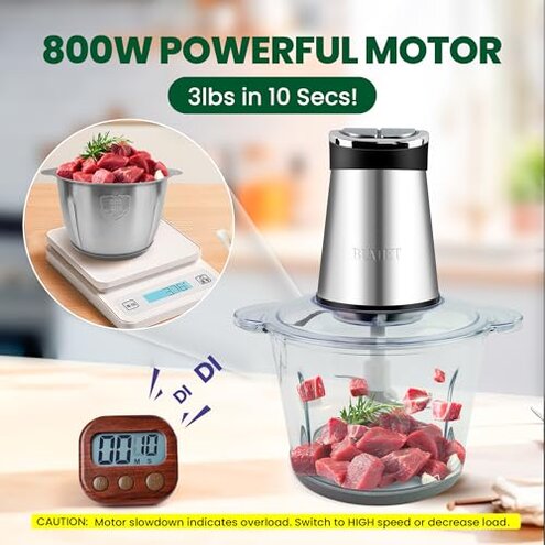 BUMET 16 cup steel bowl 850W Electric Food Processor,LED timer. 3-Tiered 6 Cutting Edges blade for mincing, chopping,Ideal as meat grinder,fresh vegetables chopper,pet food process in kitchen.