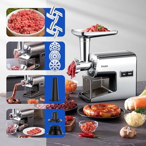 Sinyder Electric Meat Grinder,3000 Max Heavy Duty Stainless Steel Meat Mincer with 2 Blades,3 Grinding Plates,3 Sausage Stuffer Tubes & Kubbe Kit for Home & Kitchen Using