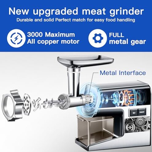 Sinyder Electric Meat Grinder,3000 Max Heavy Duty Stainless Steel Meat Mincer with 2 Blades,3 Grinding Plates,3 Sausage Stuffer Tubes & Kubbe Kit for Home & Kitchen Using