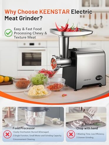 KEENSTAR 3000W Max Heavy Duty Electric Meat Grinder with Sausage Stuffer Maker & Kubbe Kit, Food Grinder with Blade & 3 Plates, Stainless Steel Meat Mincer Machine for Home Kitchen Use