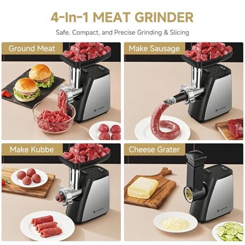 AAOBOSI Meat Grinder, 4-In-1 Meat Grinder Electric [2800W Max] with 3 Slice, Shred Blades,2 Blades,3 Plates,Sausage Stuffer,Kubbe Kit, for Home Kitchen Use, Stainless Steel