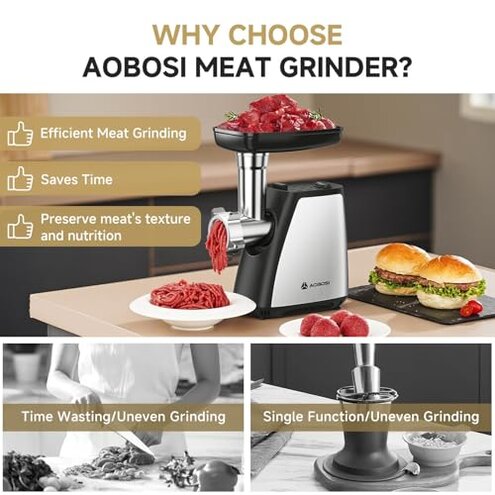AAOBOSI Meat Grinder, 4-In-1 Meat Grinder Electric [2800W Max] with 3 Slice, Shred Blades,2 Blades,3 Plates,Sausage Stuffer,Kubbe Kit, for Home Kitchen Use, Stainless Steel