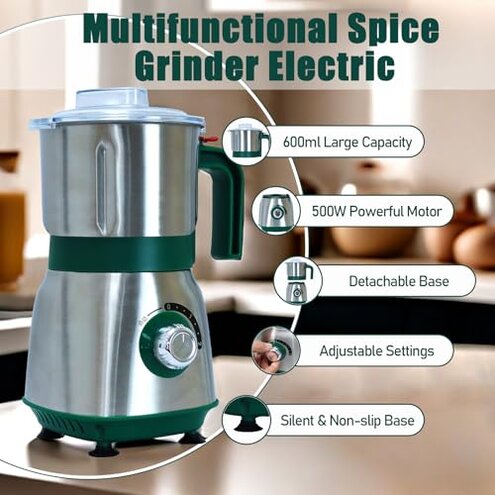 Grinder for Kitchen, Spice Grinder Electric Dry Comes With 3 Removable Stainless Steel Blades, 500w Suitable For Grinding Spices, Herbs, Coffee Beans, Grains, Nuts (Green)