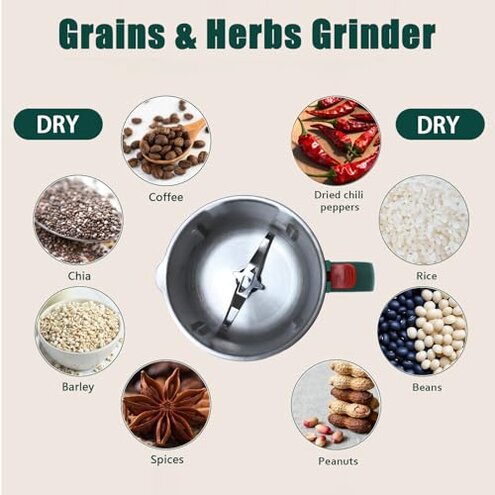 Grinder for Kitchen, Spice Grinder Electric Dry Comes With 3 Removable Stainless Steel Blades, 500w Suitable For Grinding Spices, Herbs, Coffee Beans, Grains, Nuts (Green)