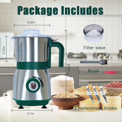 Grinder for Kitchen, Spice Grinder Electric Dry Comes With 3 Removable Stainless Steel Blades, 500w Suitable For Grinding Spices, Herbs, Coffee Beans, Grains, Nuts (Green)