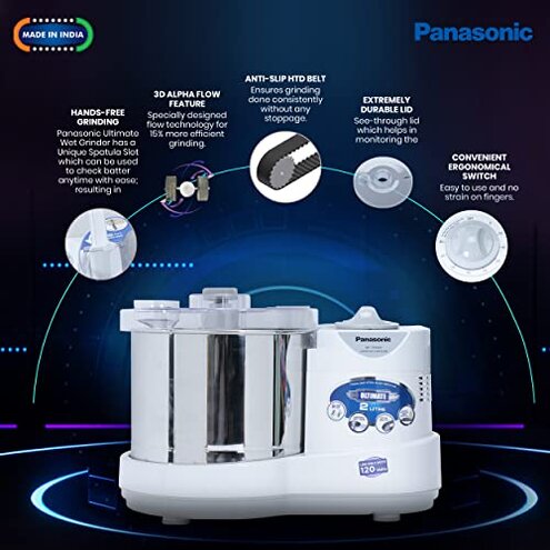 Panasonic MK-TSW200W 2 Liter Table Top Stone Super Wet Grinder with Automatic Timer, 110V