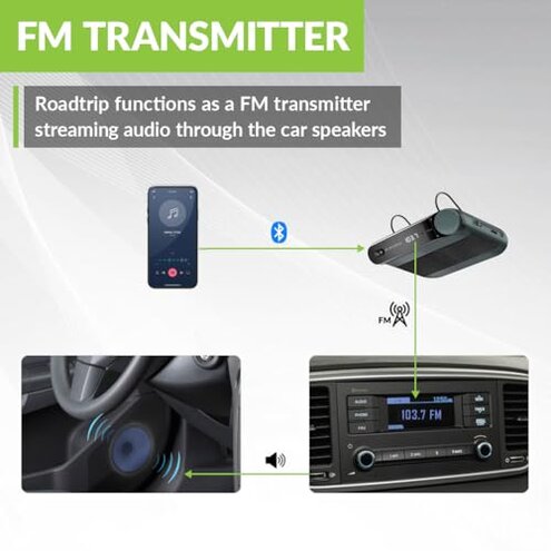 Avantree Roadtrip - Car Bluetooth Speaker & Wireless FM Transmitter Kit 2-in-1 for Streaming Cell Phone Audio to Car Speaker with Hands-Free 6W Speakers, Built-in Mic, and Long 22hr Playtime
