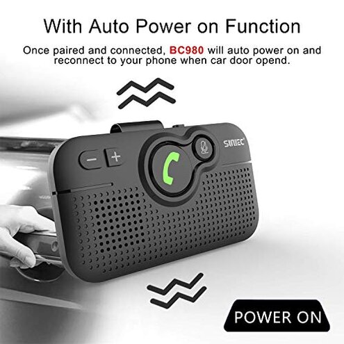 SUNITEC Bluetooth Car Speaker for Cell Phone, Handsfree Bluetooth Car Kit Motion AUTO ON Off Support Siri Voice Assistant Handsfree Speakerphone with Visor Clip - BC980P