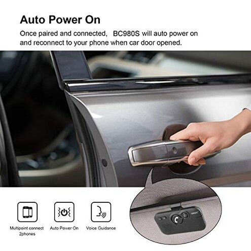 SUNITEC Handsfree Bluetooth Car Kit for Cell Phone, Wireless Bluetooth Speaker for Car, AUTO Power ON Support Siri Google Voice Assistant Hands Free Phone Speakerphone with Visor Clip-BC980SA