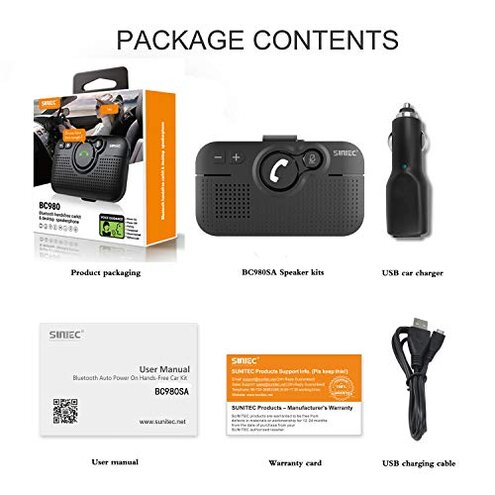 SUNITEC Handsfree Bluetooth Car Kit for Cell Phone, Wireless Bluetooth Speaker for Car, AUTO Power ON Support Siri Google Voice Assistant Hands Free Phone Speakerphone with Visor Clip-BC980SA
