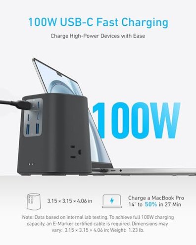 Anker Charging Station (100W), 9-in-1 USB-C Power Strip with 300J Surge Protection, for iPhone 16 and MacBook, 5 ft Flat Cable and Plug, 4 USB-C and 2 USB-A Ports, 3 AC Outlets, for Home, Office