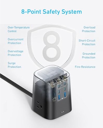 Anker Charging Station (100W), 9-in-1 USB-C Power Strip with 300J Surge Protection, for iPhone 16 and MacBook, 5 ft Flat Cable and Plug, 4 USB-C and 2 USB-A Ports, 3 AC Outlets, for Home, Office