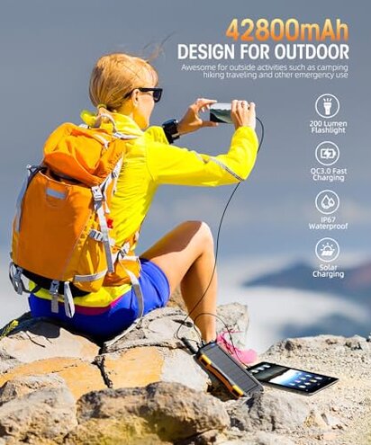 GOODaaa Portable Charger 42800mAh Built in 4 Cables and Thermometer 15W Fast Charging Power Bank Five Outputs Three Inputs Solar Charger Power Bank, SOS/Strobe/Strong Flashlights, Carabiner