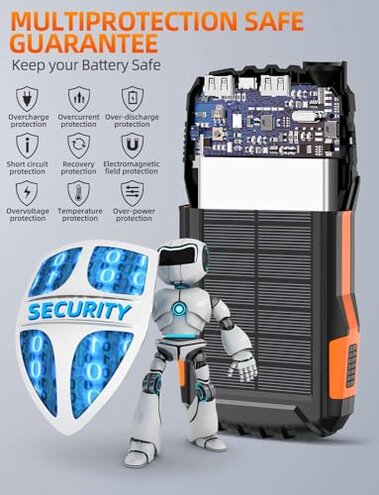 GOODaaa Portable Charger 42800mAh Built in 4 Cables and Thermometer 15W Fast Charging Power Bank Five Outputs Three Inputs Solar Charger Power Bank, SOS/Strobe/Strong Flashlights, Carabiner