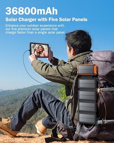 GOODaaa Solar Charger Power Bank, Portable Wireless Charger 36800mAh with Five Solar Panels Built-in Four Cable Five Outputs Outdoor Battery Pack for Cell Phone with Dual Flashlights, Carabiner