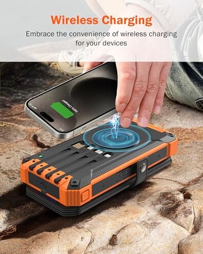 GOODaaa Solar Charger Power Bank, Portable Wireless Charger 36800mAh with Five Solar Panels Built-in Four Cable Five Outputs Outdoor Battery Pack for Cell Phone with Dual Flashlights, Carabiner