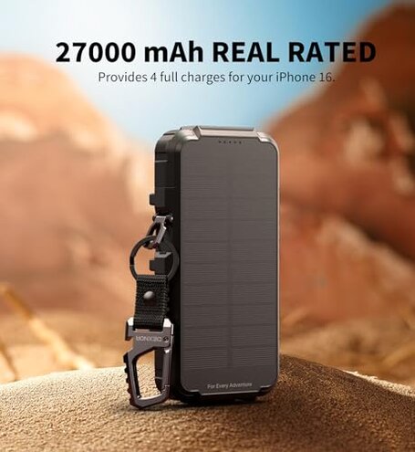 Dexnor Solar Charger Power Bank 27,000mAh, 65W PD3.0 & QC3.0 Fast Charging Powerbank External Battery Pack Portable Wireless Chargers with Flashlight and Carabiner, Compatible with MagSafe & Qi