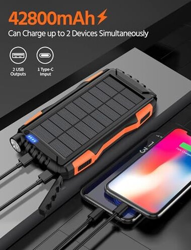 Sudrov Solar Charger Power Bank, 42800mAh Wireless Portable Charger with USB-C in/Output, QC3.0 Fast Charging 15W 4 Ports Outdoor Battery Pack Built-in Dual Led Flashlights for iPhone Samsung etc