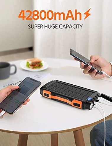 Sudrov Solar Charger Power Bank, 42800mAh Wireless Portable Charger with USB-C in/Output, QC3.0 Fast Charging 15W 4 Ports Outdoor Battery Pack Built-in Dual Led Flashlights for iPhone Samsung etc