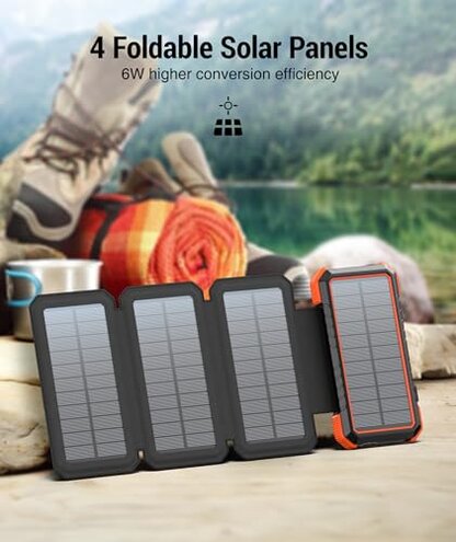 BLAVOR Solar Charger Power Bank, PD 18W Fast Charging 20000mAh Battery Pack with 4 Foldable Panels, Portable Solar Powered USB C Charger with Camping Flashlight Compass Carabiner for Cell Phone