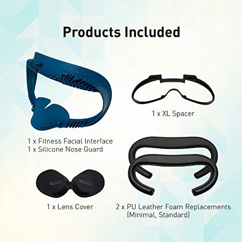 VR Cover Fitness Facial Interface Bracket, Foam Replacement, XL Glasses Spacer, and Lens Protector Cover for Oculus/Meta Quest 2 (Dark Blue & Black + XL Spacer)