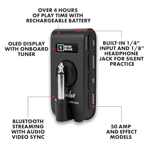 Fender Mustang Micro Plus Headphone Amplifier Bundle with 12-Pack Picks and Austin Bazaar Instructional Video