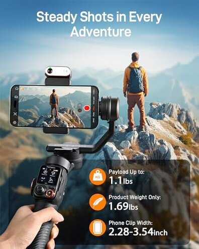 hohem iSteady M7 Gimbal Stabilizer for iPhone, Phone Gimbal with AI Tracking, 1.4" Detachable Touchscreen Remote, Built-in Extension Rod, Fill Light, Phone Stabilizer for Video Recording, YouTube