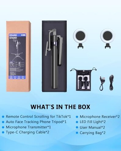 Vlogging Kit for iPhone/Android, 63&rdquo;Auto Face Tracking Tripod for iPhone with Light, Wireless Microphones, Scrolling Remote Control for TikTok, Content Creator Kit for YouTube Starter