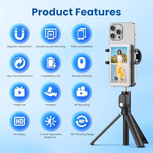 Vlog Selfie Monitor Screen for iPhone & Android,Magnetic Phone Back Camera Selfie Monitor Screen for Vlog Live Stream TikTok,Built-in Speaker,Built-in shutter button,7-hour long battery life (Update)