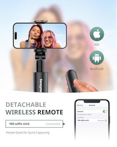Sensyne 60" Phone Tripod - Selfie Stick, Lightweight All in One Phone Tripod Integrated with Wireless Remote Compatible with All Cell Phones for Selfie/Video Recording/Photo/Live Stream/Vlog(Black)