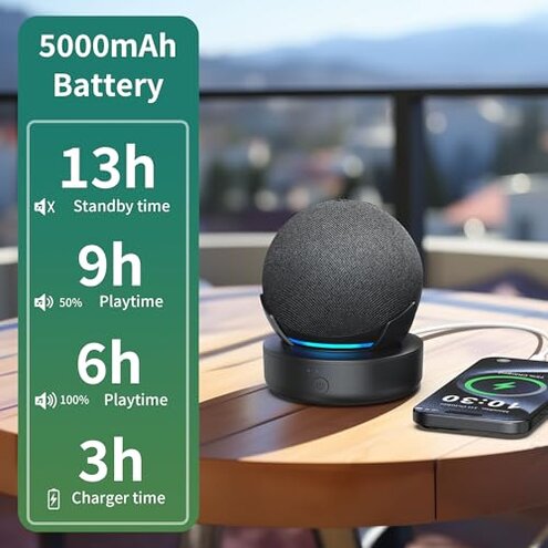 PlusAcc Battery Base for Dot 5th Gen & Dot 4th Gen - Portable Table Rechargeable Stand Accessories Compatible with iPhone Models & Dot 5th Generation (Black)