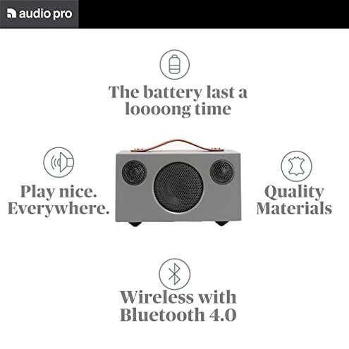 Audio Pro Addon T3+ Wireless Speaker - Powerful Sound, Portable Design, Long Battery - Bluetooth, WiFi, AirPlay - Outdoor, Indoor, Home, Camping, Travel, Beach - Alexa Compatible - Grey