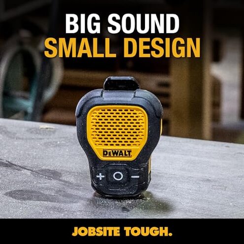 DEWALT Wearable Bluetooth Speaker (Updated Version), Clip-On Wireless Jobsite Pro Water-Resistant Portable Speaker (Non-Magnetic), Built-in Mic for Hands-Free Music/Calls, Bluetooth Speaker (Yellow)
